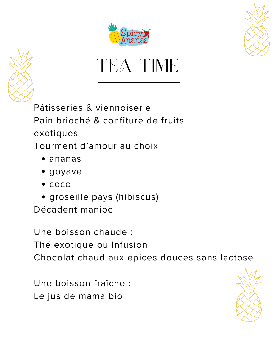 Menu du tea Time sans gluten et sans lactose
